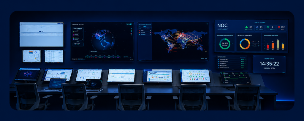 Centro de operaciones de red con monitoreo 24/7, gestión y respuesta a incidentes.